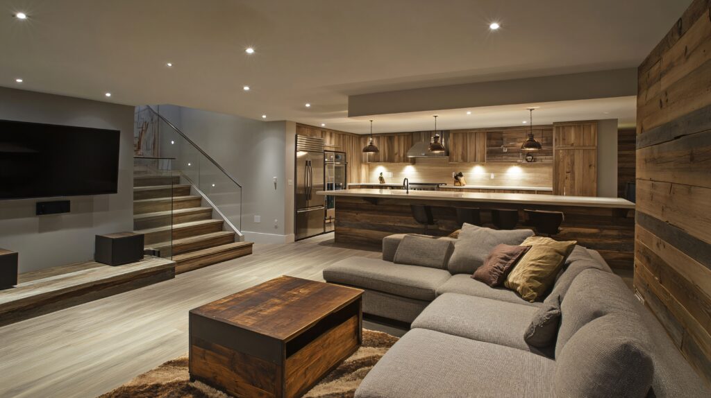 Basement remodeling benefits and tips Modern finished basement remodel with rustic wooden accents and cozy lounge area.