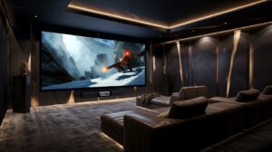 High-end home theater setup in basement renovation with a large screen and luxury seating.