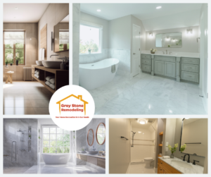 A collage of stunning bathroom remodel projects by Grey Stone Remodeling, emphasizing expert planning and beautiful design.