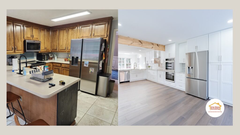 Before and After Kitchen Remodel Showing Outdated Cabinets and Modern Design