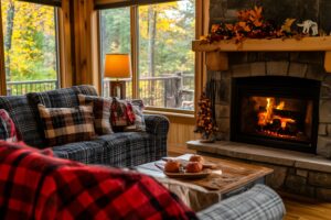 Cozy home living room with stone fireplace remodel for winter heating.