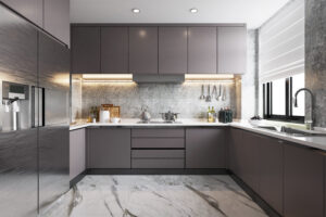 Modern kitchen interior featuring sleek gray cabinetry, quartz and elegant under-cabinet lighting.