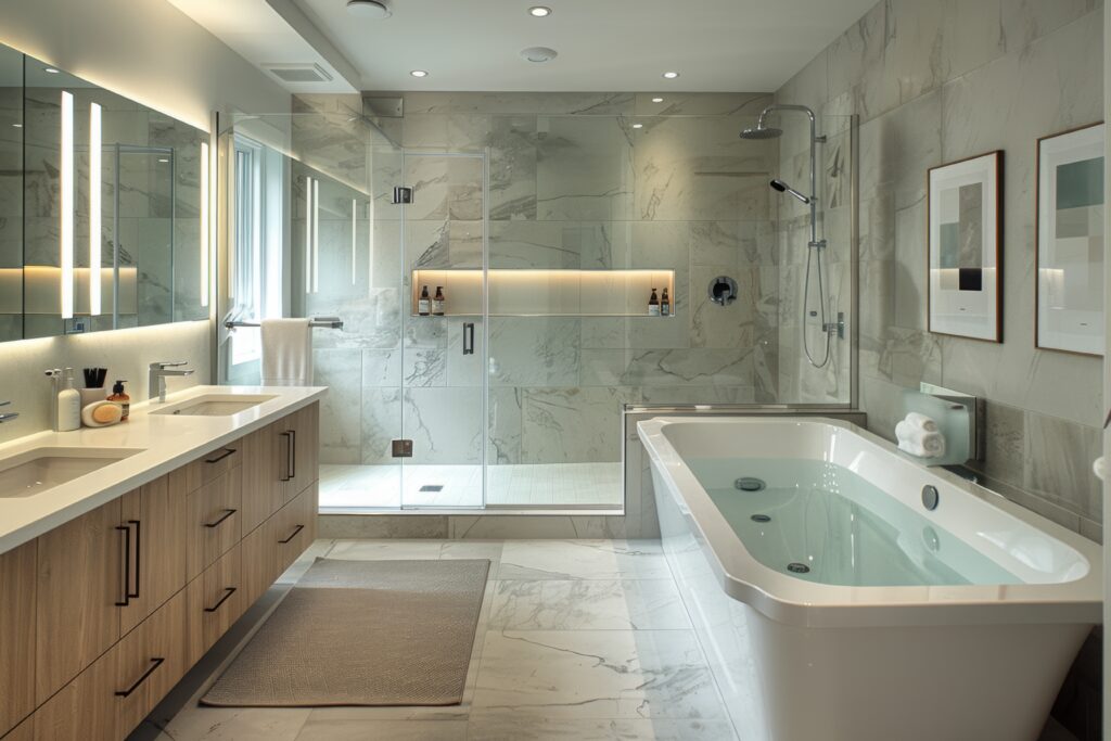 Luxurious master bathroom remodel with spa-like ambiance, featuring a freestanding soaking tub, glass-enclosed shower, and sleek modern lighting.