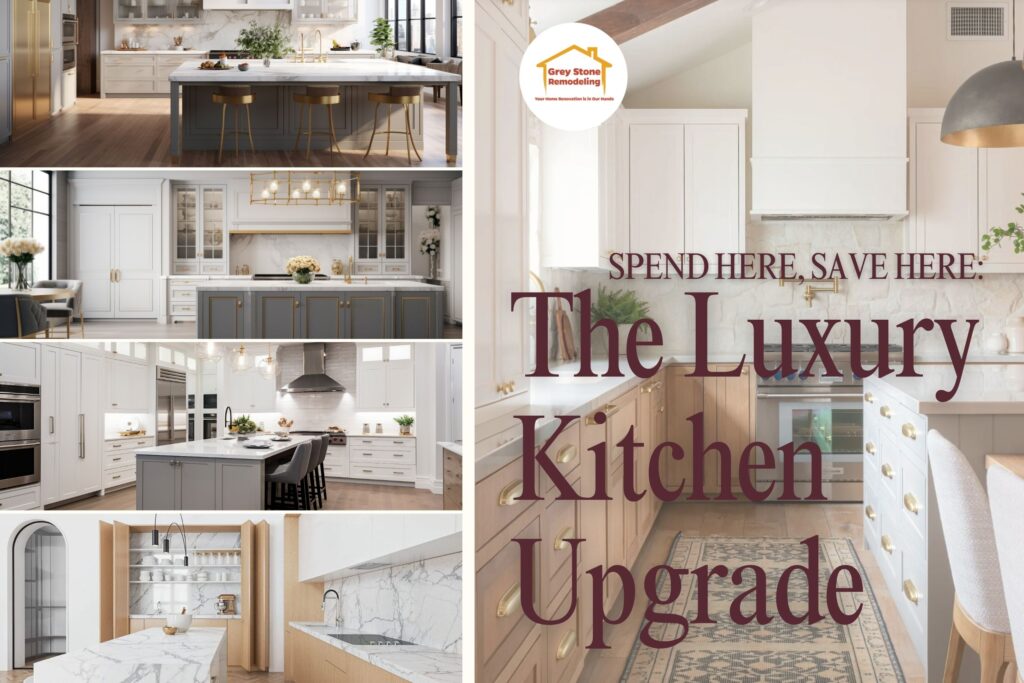 Luxury kitchen remodel featuring statement island, custom cabinets, quartz countertops and layered lighting showing the best upgrades for a kitchen remodel