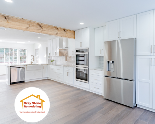 Modern kitchen renovation with custom white cabinets, stainless steel appliances, and exposed wooden beam in Marietta